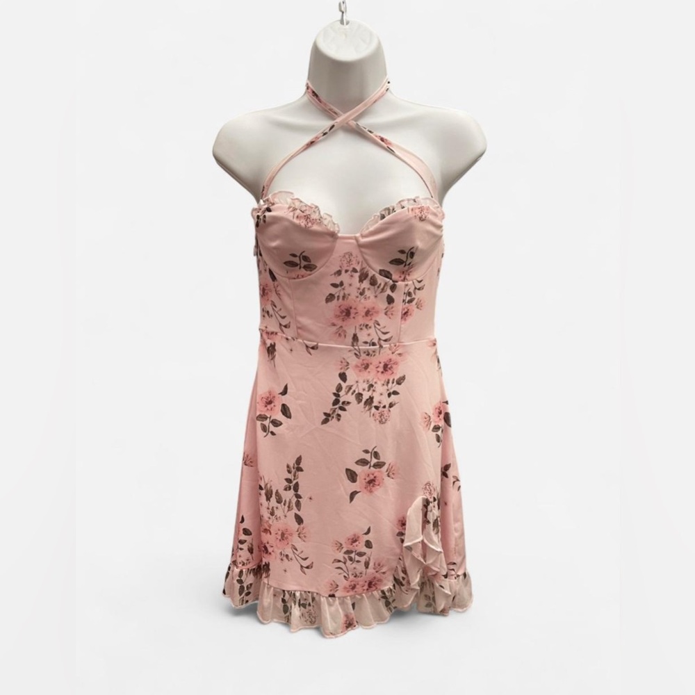 New Pink Baby Pink Floral Halter Mini Ruffle Dress Size S/M